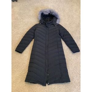 Garnet Hill Women’s Black Down Long Coat 10 Slim Small Medium Hood